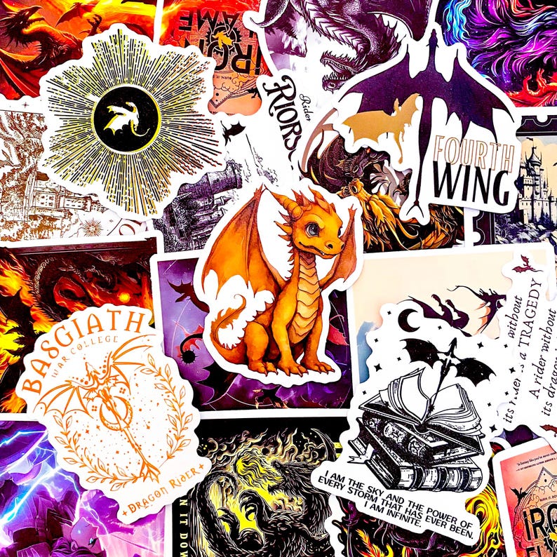 May include: A collection of fantasy-themed stickers featuring dragons, castles, and book illustrations. The stickers showcase a variety of colors, including orange, purple, and gold. Some stickers have text, including "FOURTH WING" and "BASGIATH WAR COLLEGE".