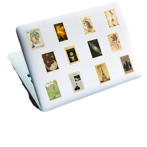 May include: A selection of vintage-style stickers featuring diverse designs, such as illustrations of a brain, an angel, a woman, a galaxy, a crescent moon, a botanical print, the Eiffel Tower, and three black cats. The stickers are on a white laptop.