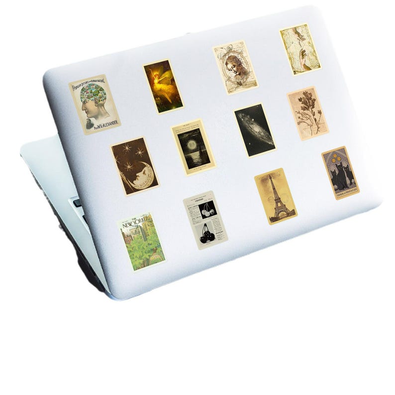 May include: A selection of vintage-style stickers featuring diverse designs, such as illustrations of a brain, an angel, a woman, a galaxy, a crescent moon, a botanical print, the Eiffel Tower, and three black cats. The stickers are on a white laptop.