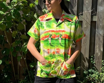 vintage Hawaiian Aloha Shirt Nylon Poly 1970s Golfing Motif Barbados Safari Chest 39"  Short Sleeve Summer Party Fiesta Shirt