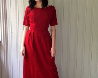 RED VELVET DRESS Holiday Gown 1960s Floor length Christmas Dress Rich Cotton Velvet Short Sleeve Gathered waist Stunning