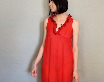 RED CHIFFON NIGHTGOWN 1970s 1960s Semi Sheer Long Nightie with Red and Black  Ruffle Neckline Negligee Size Small Medium