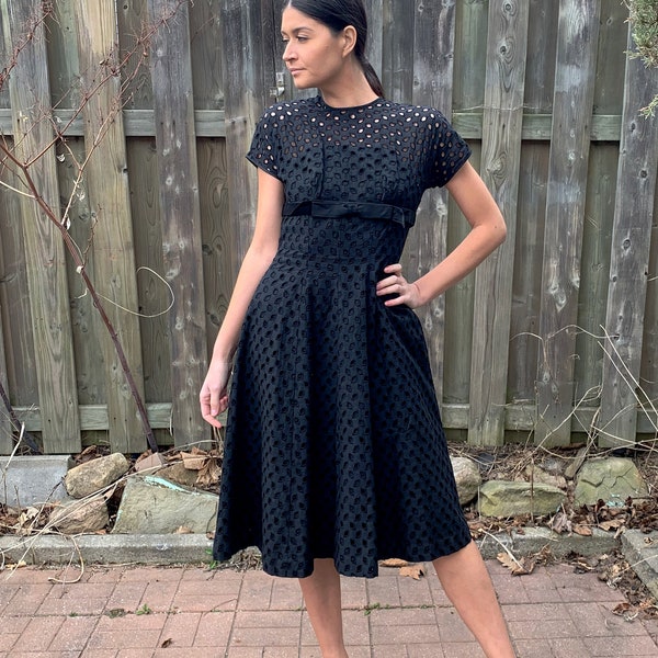 vintage 1950s Black Cotton Party Dress Klever Klad Fit and Flare Full Skirt Peek-A-Boo Eyelet Top M