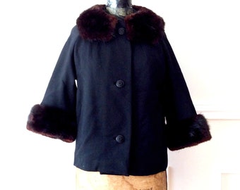vintage 1950s Black Jacket Wool and Mink Fur Trimmed / Funky Formal / L or XL / corded buttons