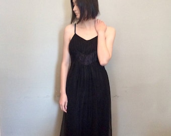 BLACK CHIFFON NIGHTGOWN Sheer black Double Layered Nightie or Dress Lace Bodice insert Valentines Day Gift for Her