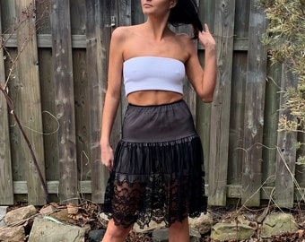 Vintage 50s Black Lace Half Slip Sheer Tiered Slip Skirt Neon Petticoat Rockabilly Ruffled Tiered Layered Sheer Petticoat Crinoline