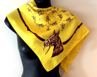vintage Horse Equestrian Scarf 1960s 70s Handprinted Large Bright Canary Yellow and Brown  Headscarf Neckscarf Mothers Day gift