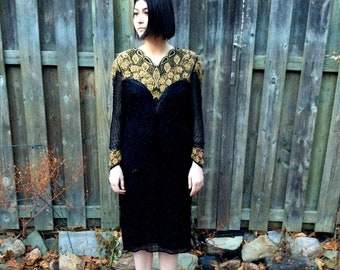 vintage SIlk Beaded Dress 1980s Holiday Party Cocktail Stunning Black and Gold Long Sleeve 80s does 20s Flapper Large Christmas NYE dress