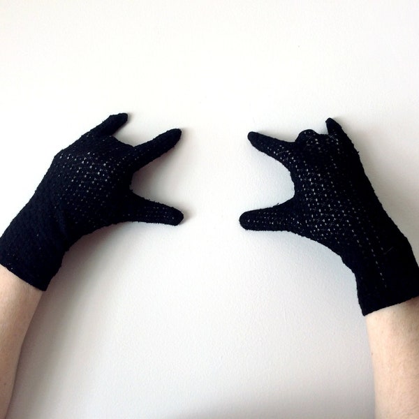 vintage 1950s Black Lace Stretch Gloves / Short Black Mesh Gloves Made in Japan / Goth Steampunk Gloves / Size Small Medium