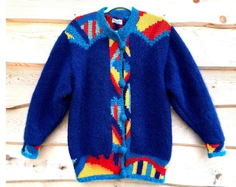 vintage  Mohair Cardigan Sweater Lucy Erridge Made in Ireland Color Block Blue Red Yellow Turquoise Oversized Large Plus Size Warm Handknit