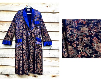 vintage 1960s Mens Robe Satin Silky Blue  Dressing Gown Smoking Jacket  Large Extra Large Jacquard Pagodas Trees Shawl Collar Belted