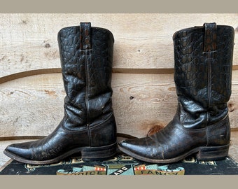 vintage  Cowboy Boots Dark Brown Pebbled Leather Mens 7.5  Womens 10/10.5 Stacked Heel Western Rocker Rockabilly