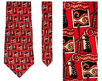 vintage Red Silk Tie Wide 80s/90s Handmade Windmills Holland Red & Black Souvenir Novelty Tie 3 3/4"  Elegant Soft Supple silk Cravat