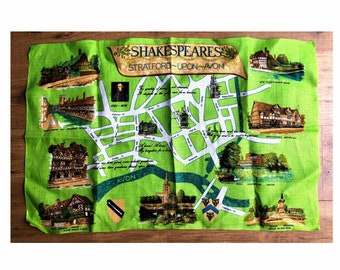Vintage Shakespeares Stratford Upon Avon Tea  Towel Irish Linen DEADSTOCK Green& Brown Dish Kitchen Towel Holiday Gift