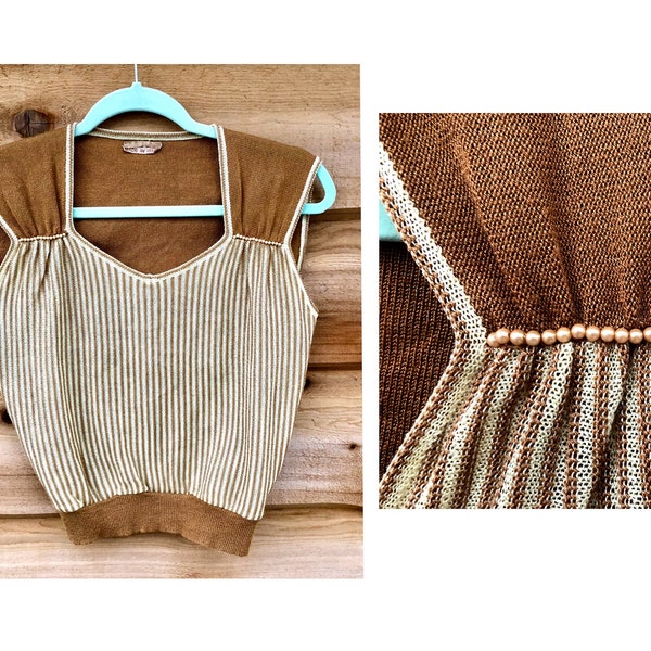 vintage 70s Striped Sweater Vest Acrylic Caramel Brown & Cream Sleeveless Wool Top Pearl Trim Vintage Lover Holiday Gifts S/M Made In Italy