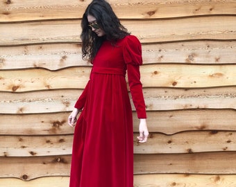 vintage 60s Red Silk Velvet Dress S/M Long Maxi Renaissance Medieval Vibe Christmas Holiday Gown Floor length Juliet Sleeves High Collar