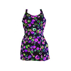 vintage 60s/70s Swimsuit One Piece Bathing Suit Bombshell Pin up Floral psychedelic Navy & Pink and Green Size S/M Sexy image 1