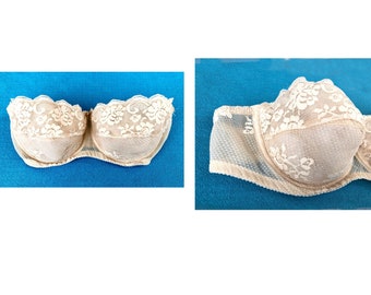 vintage Lace Bra Strapless 80s Pale Rose Beige Underwire Lightly Padded Burlesque Pin Up 36 38C  Sheer Balconette Holiday  Gifts for Her