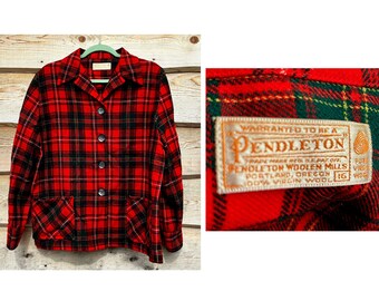 vintage Pendleton 49er Red Plaid Shirt Jacket Wool Mother of Pearl Button up Grunge Outdoor Camping Plaid Chore Jacket Chest 43" Plus Size