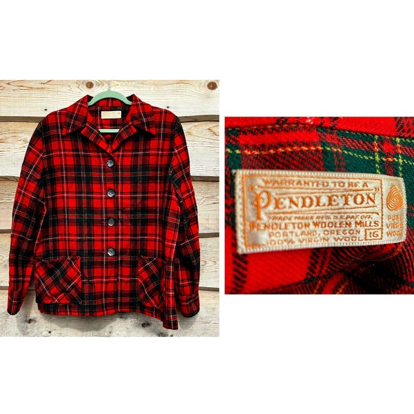 vintage Pendleton 49er Red Plaid Shirt Jacket Wool Mother of Pearl Button up Grunge Outdoor Camping Plaid Chore Jacket Chest 43" Plus Size