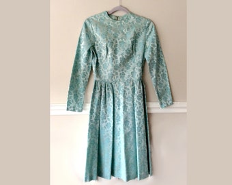 Vintage 1950s Blue Jacquard Party Dress Floral Shimmer Full Skirt Size S/XS Cocktail Holiday Fit and Flare Mothers Day Gift