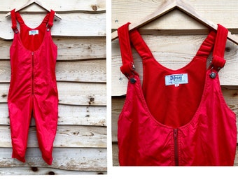 vintage 70s/80s DiTrani Ski Overalls Pants Suit Red Orange Womens XS Kids S/M Winter Overalls One Piece Snow suit Cross country Snowmobile