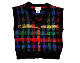 vintage 80s Sweater Vest Acrylic V-Neck Plaid Tartan Check Black Red Green Blue and Yellow Pull Over Large Arm Holes Preppy