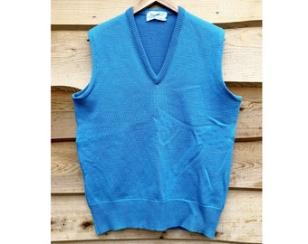 vintage Blue Sweater Vest 70s V-Neck Pale Bright Baby Blue Dad Acrylic Wool Blend Knit Chest 48” Oversized XL Plus Size Unisex Holiday Gift