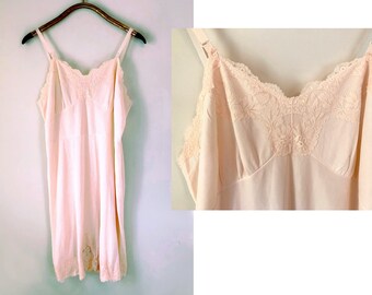 vintage 1960s Palest Pink Full Slip Sexy Semi Sheer Nylon Lace  adjustable straps Tiered Lace and Chiffon pleated insets Size S/M