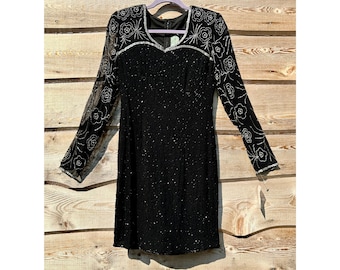 vintage Deadstock Beaded Dress Black and Silver 80s does 20s Flapper  Cocktail Formal Glam Shimmer Bust 35"