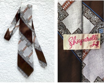 vintage Schiaparelli tie 1970s Wide Disco Tie Silver Brown and Blue Textured Polyester Designers NeckTie Fathers Day Gifts