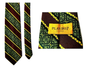 vintage PLAYBOY Neckwear Tie Wide 70s Green and Brown and yellow Striped Necktie 3 1/4 inch wide