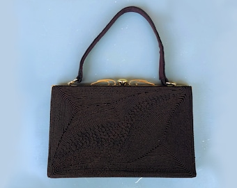 Vintage 50s Corde Purse Chocolate Brown Handbag with Goldtone Clasp and Frame Elegant Beautiful Evening Bag