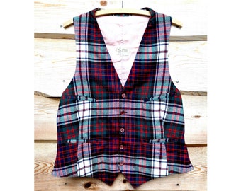 vintage 1960s Tartan Plaid Wool Vest Chest 40" Silk Satin Lining waistcoat Scottish Tartan Red Green Navy White Holiday Gifts for Him Her