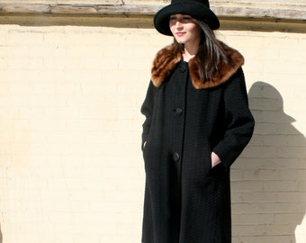 Vintage Black Wool coat with luxurious Brown Mink Collar 1960s Gorgeous A line swing coat