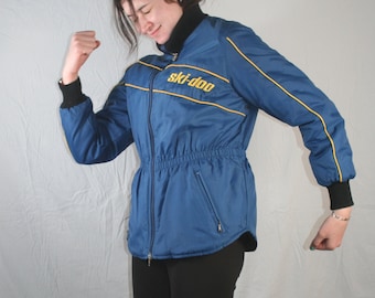 vintage Blue Womens Ski jacket 1970s 1980 skidoo ski doo blue with yellow striping // Womens Medium // insulated elastic waist