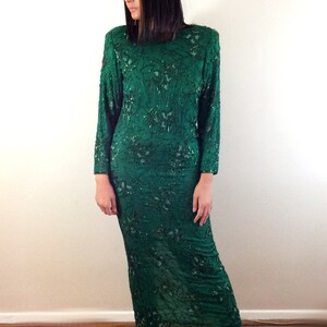 1990s Green Beaded Fringe Appliqué Evening Gown, Size 2 Petite
