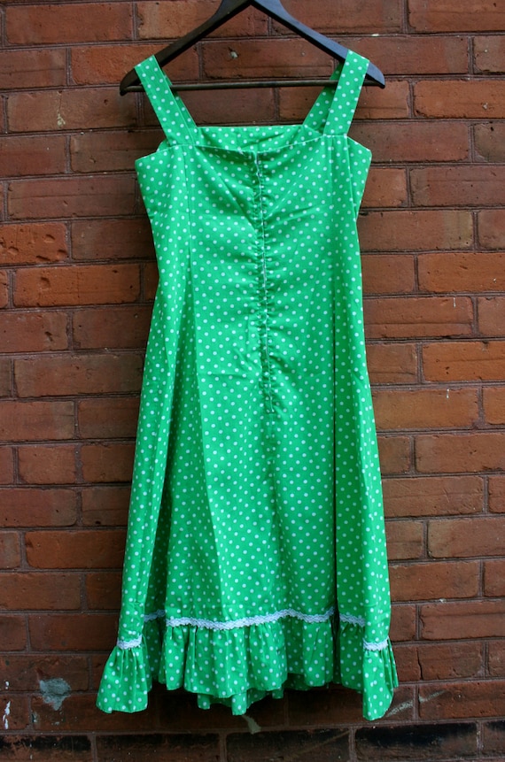 vintage Green dress 1970s Polka Dot Ruffles Peasa… - image 4