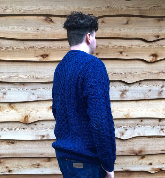 Vintage Aran Fisherman Sweater Deep Purpley Blue Pure Wool Chunky