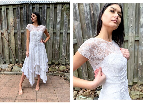 Vintage 50s White Tiered Lace Dress Cummerbund Waist Cross Straps S Small SM