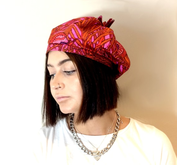 vintage 1960s Silk Beret Tam Pink, purple and gold