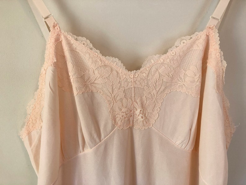 vintage 1960s Palest Pink Full Slip Sexy Semi Sheer Nylon Lace adjustable straps Tiered Lace and Chiffon pleated insets Size S/M image 10