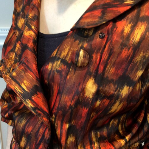 Shops vintage 1960s Silk Day Dress / Orange Gold and Brown abstract Fabric / Overlapped Shawl Collar / Button Front and Nipped Waist / Size S/M