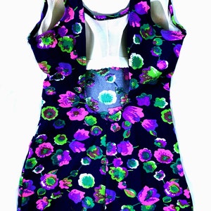 vintage 60s/70s Swimsuit One Piece Bathing Suit Bombshell Pin up Floral psychedelic Navy & Pink and Green Size S/M Sexy image 9