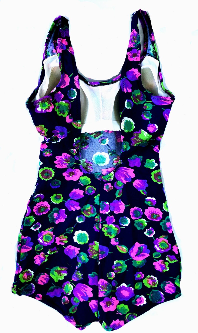 vintage 60s/70s Swimsuit One Piece Bathing Suit Bombshell Pin up Floral psychedelic Navy & Pink and Green Size S/M Sexy image 9