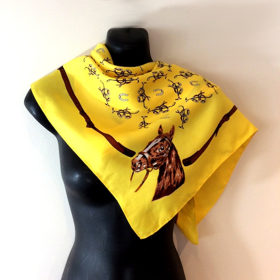 vintage Horse Equestrian Scarf 1960s 70s Handprin… - image 1