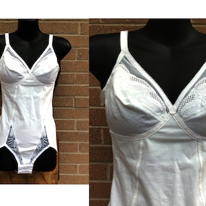 vintage Playtex Corselette Cintura Body Body 34B Corsetto Bianco Cotone Anni &#39;80 Pizzo Rete Peek-A-Boo Ricamo Dettaglio Chiusura gancio Burlesque Pin Up
