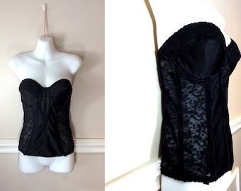 Vintage Black Lace Bustier Burlesque Boned Corset Girdle Satin and Lace Floral Motif M/L/XL Valentines Day Gifts For Her Plus size Pin Up