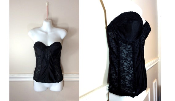 Vintage Black Lace Bustier Burlesque Boned Corset Girdle Satin and