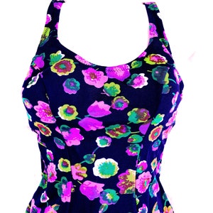 vintage 60s/70s Swimsuit One Piece Bathing Suit Bombshell Pin up Floral psychedelic Navy & Pink and Green Size S/M Sexy image 3